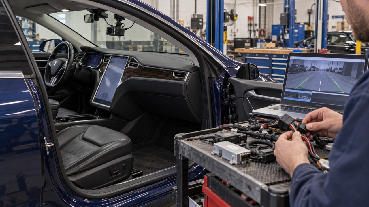 Driver-assistance camera hardware mounted inside a Tesla in the workshop