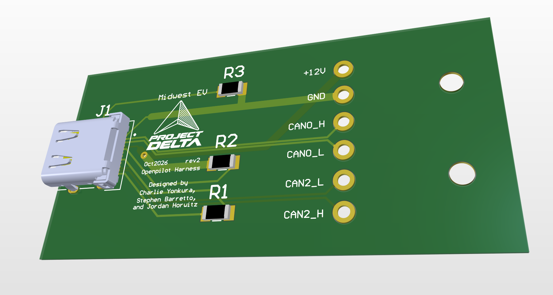 Project Delta harness board CAD render with vehicle interface connections