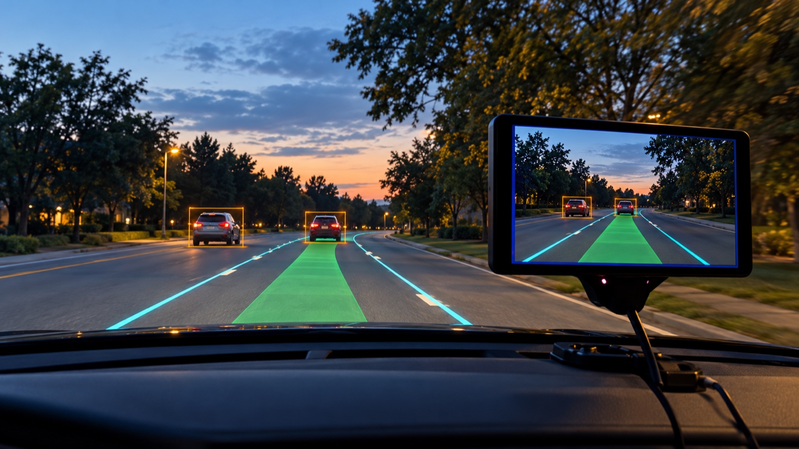 Driver-assistance visualization with lane lines on the road and boxes around nearby cars